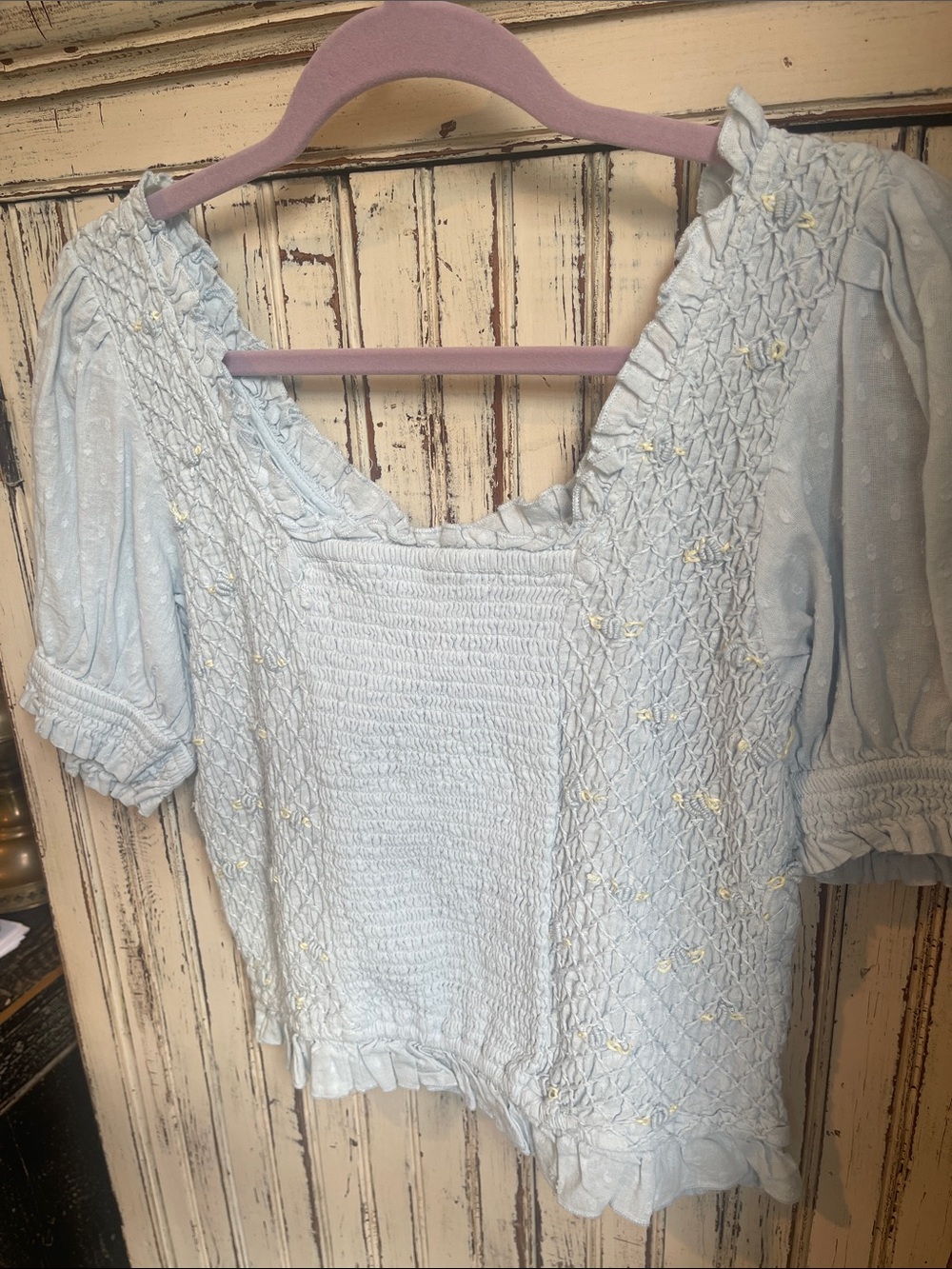 Light Blue Smocked Puff Sleeve Top with Floral Details - Picture 11 of 11